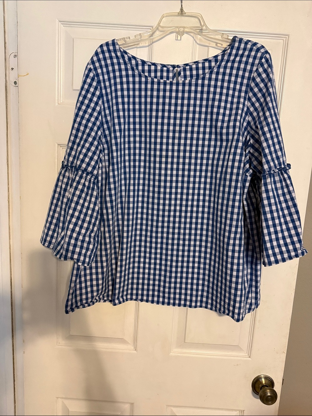 Blue Gingham Bell-Sleeve Women's Top